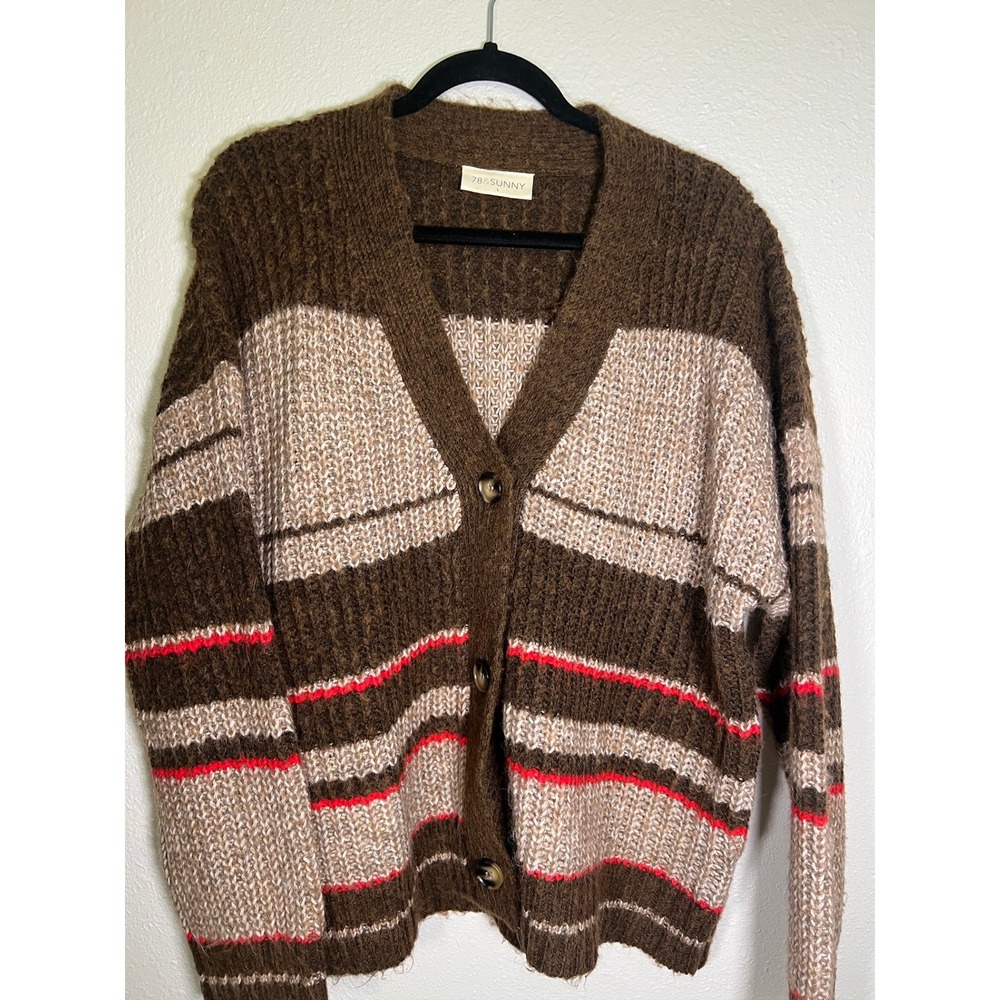 78 & Sunny Cardigan Sweater Womens‎ Large Brown Striped Oversized Chunky V-Neck